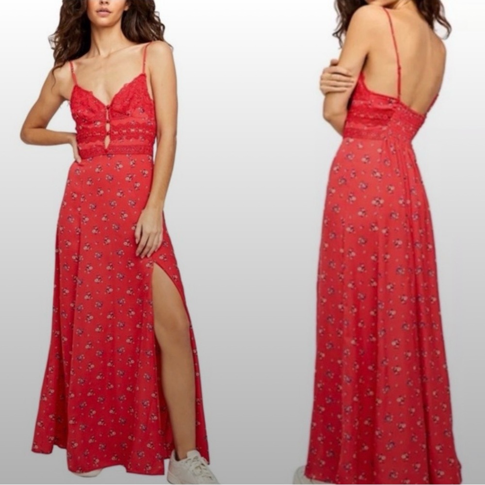 FREE PEOPLE Out & About Pink Red Floral Soft Satin High Slit Maxi Slip Dress XS